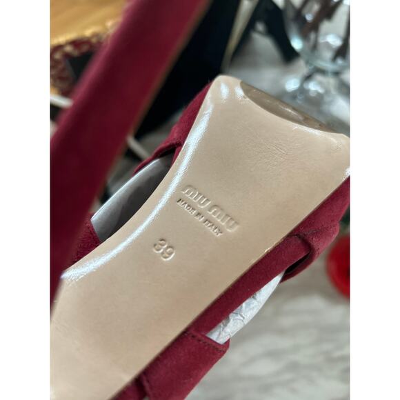 Miu Miu Red Burgundy Suede Platform Peep Toe Heeled Sandal - Picture 8 of 11
